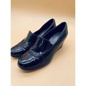 Clarks Womens Croc EMBOSSED‎ PATENT WEDGE LOAFER SIZE 7M Black